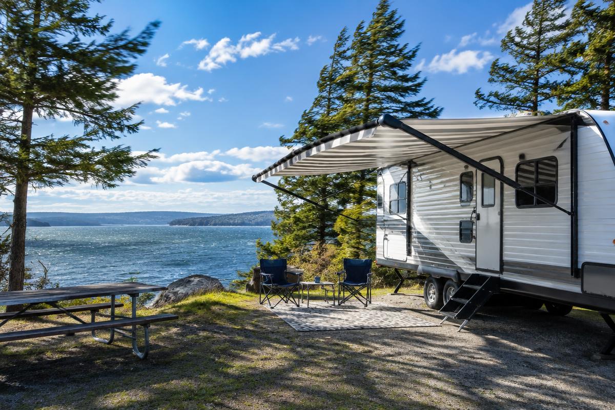 Travel trailer with an extended striped awning at a breezy sunny campsite overlooking Puget Sound
