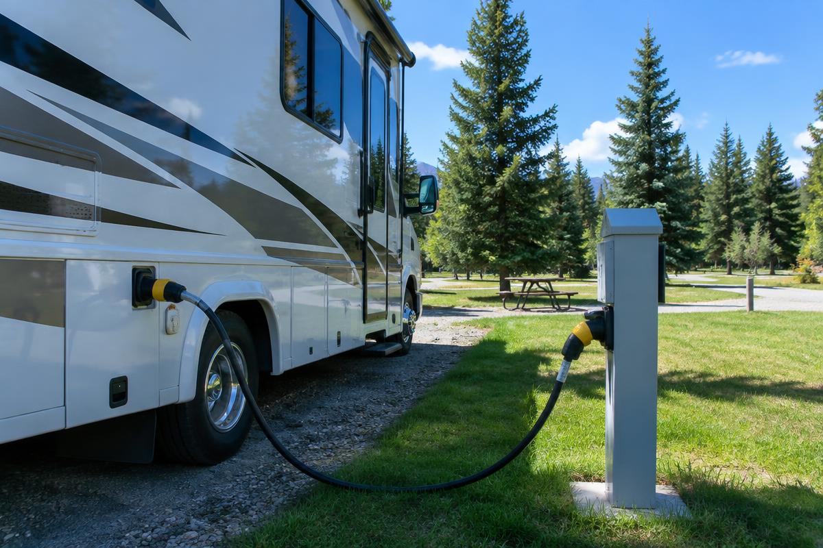 Motorhome connected by a shore power cord to a campground power pedestal on a sunny day among evergreens