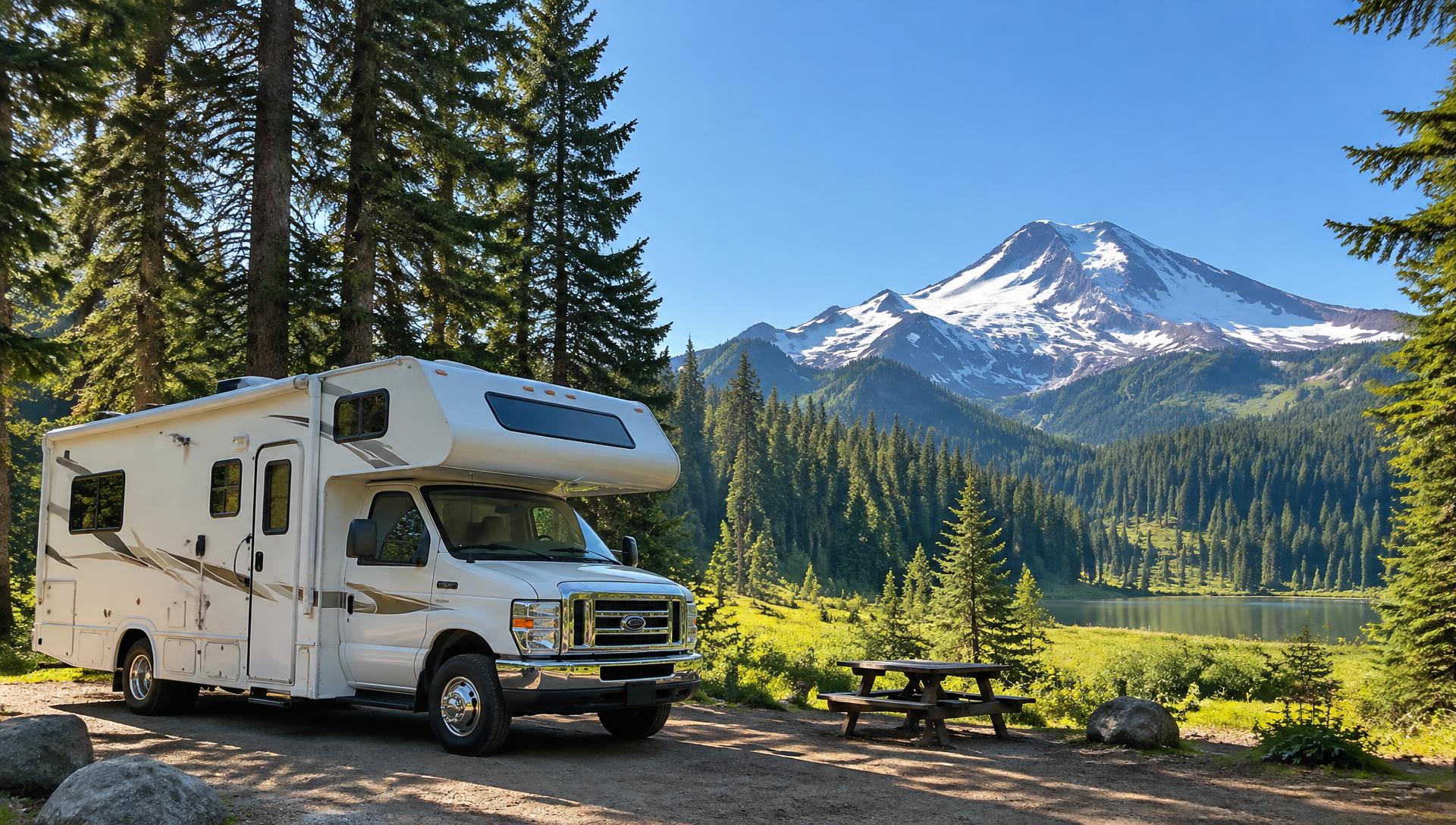 Motorhome parked at a sunny evergreen campsite with a snowy mountain and blue sky