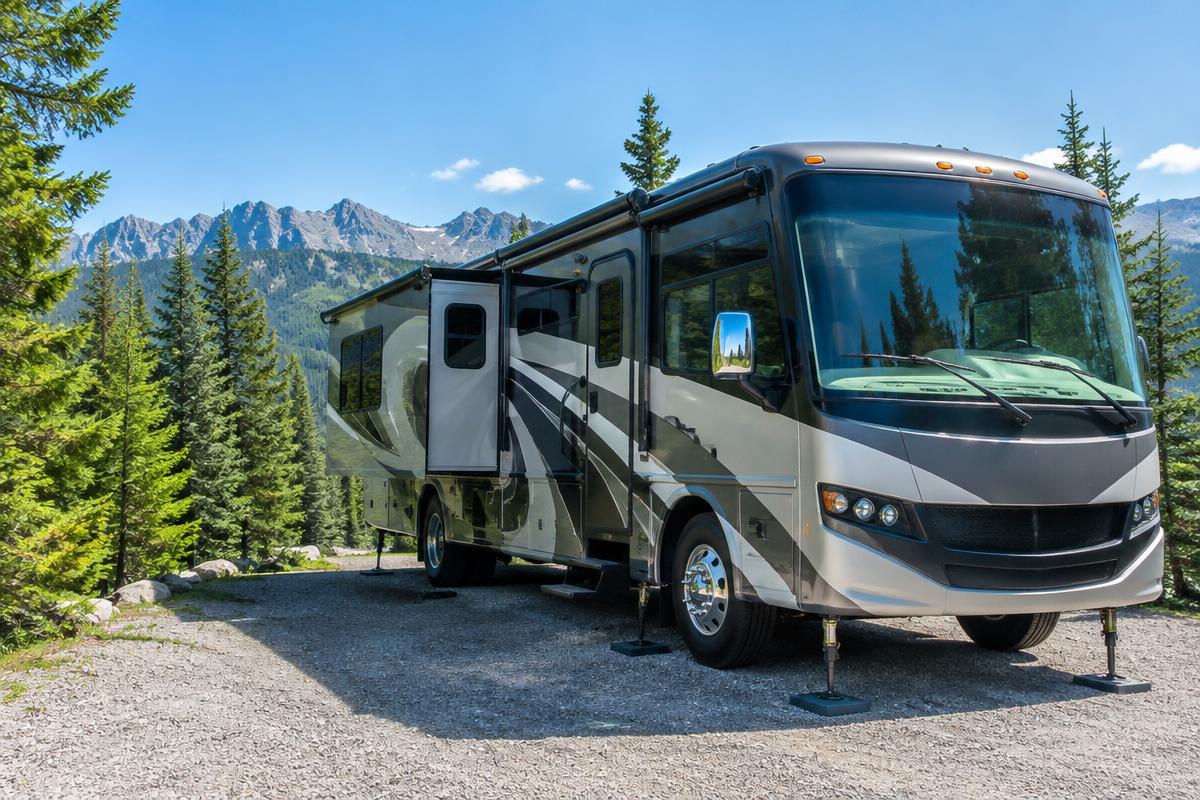 Large motorhome with leveling jacks extended on pads at a gravel campsite surrounded by evergreens and mountains
