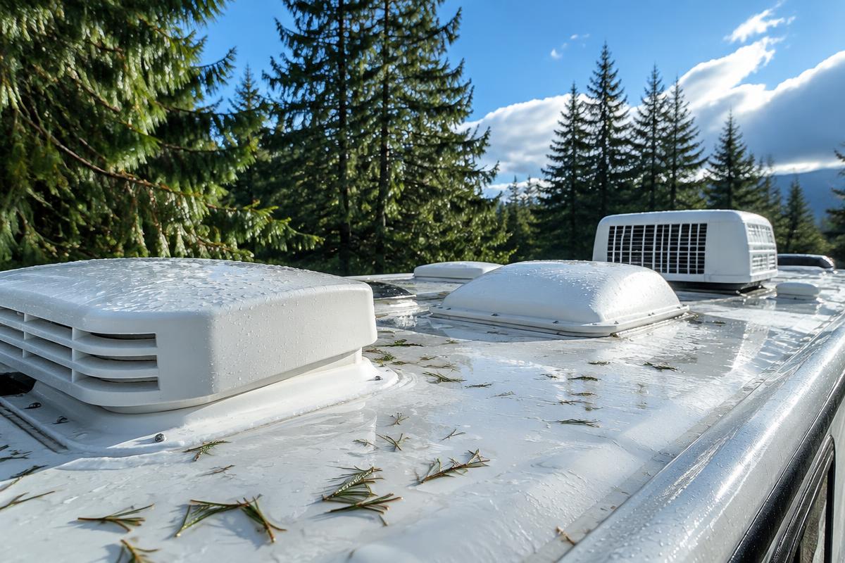 Wet white RV roof with vents and an air conditioner shroud under clearing blue sky, fir needles scattered on top