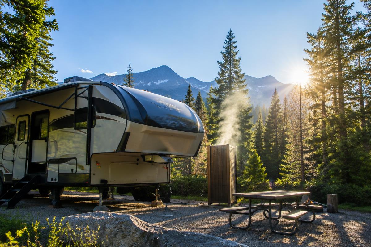 Fifth wheel at a sunny mountain campground with steam rising from an outdoor shower among evergreens