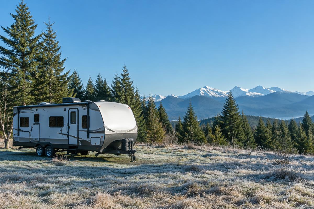 Travel trailer parked in a frosty meadow on a clear sunny winter morning with evergreens and snowy mountains
